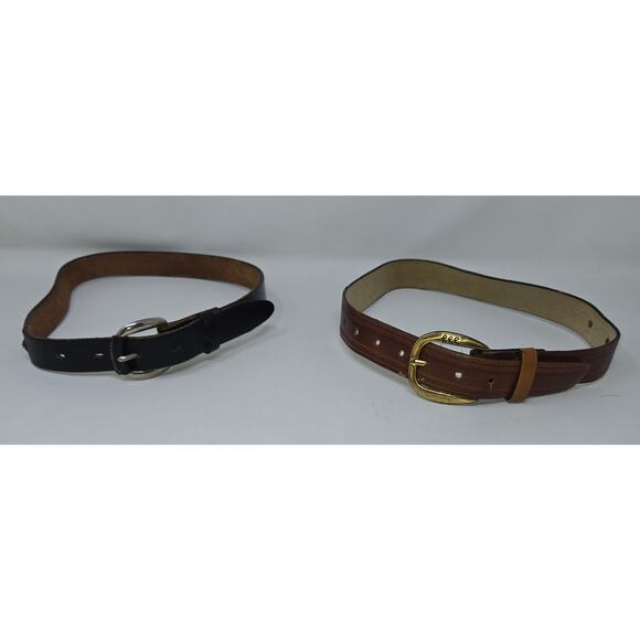 Vintage Lee Jeans Leather Children's Belt Pair Black Brown 28 Inch Slide Buckle - Picture 1 of 16